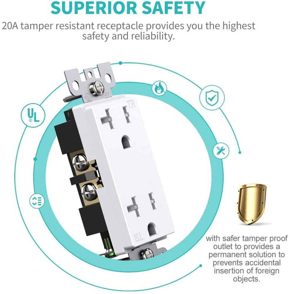 Outlet Socket, Decora Duplex Receptacle, 20 Amp 125 Volt Tamper Resistant 50pack