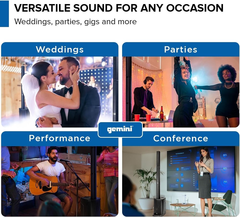 Gemini Sound Powered Line Array PA System with 8" Subwoofer, Mixer & Bluetooth