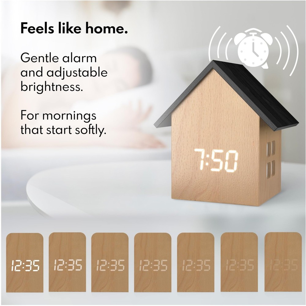Digital House-Shaped Alarm Clock with Temperature Display (Light Wood) – Mode...