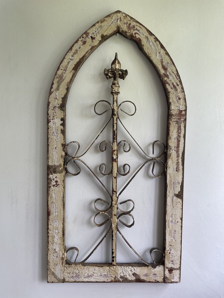Antique Wood Church Window Frame Iron Scrollwork