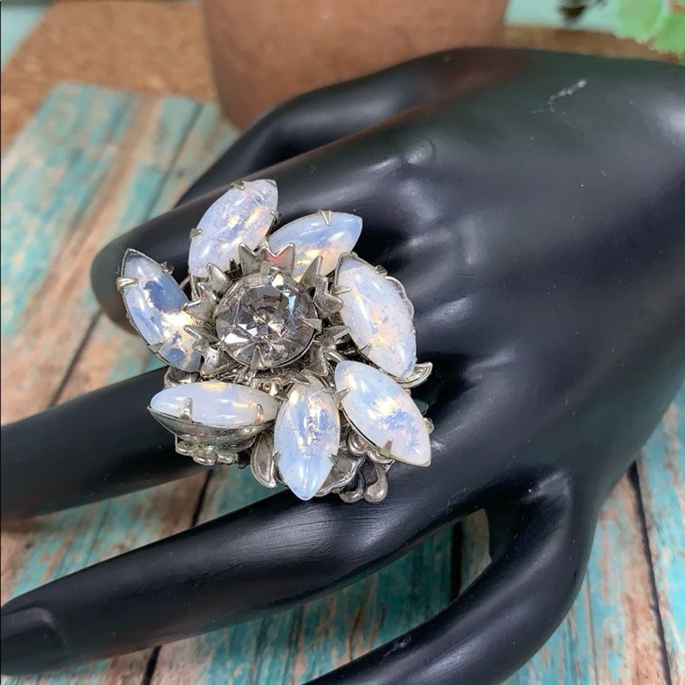 Adorned Crown artisan assemblage moonstone rhinestone cocktail ring