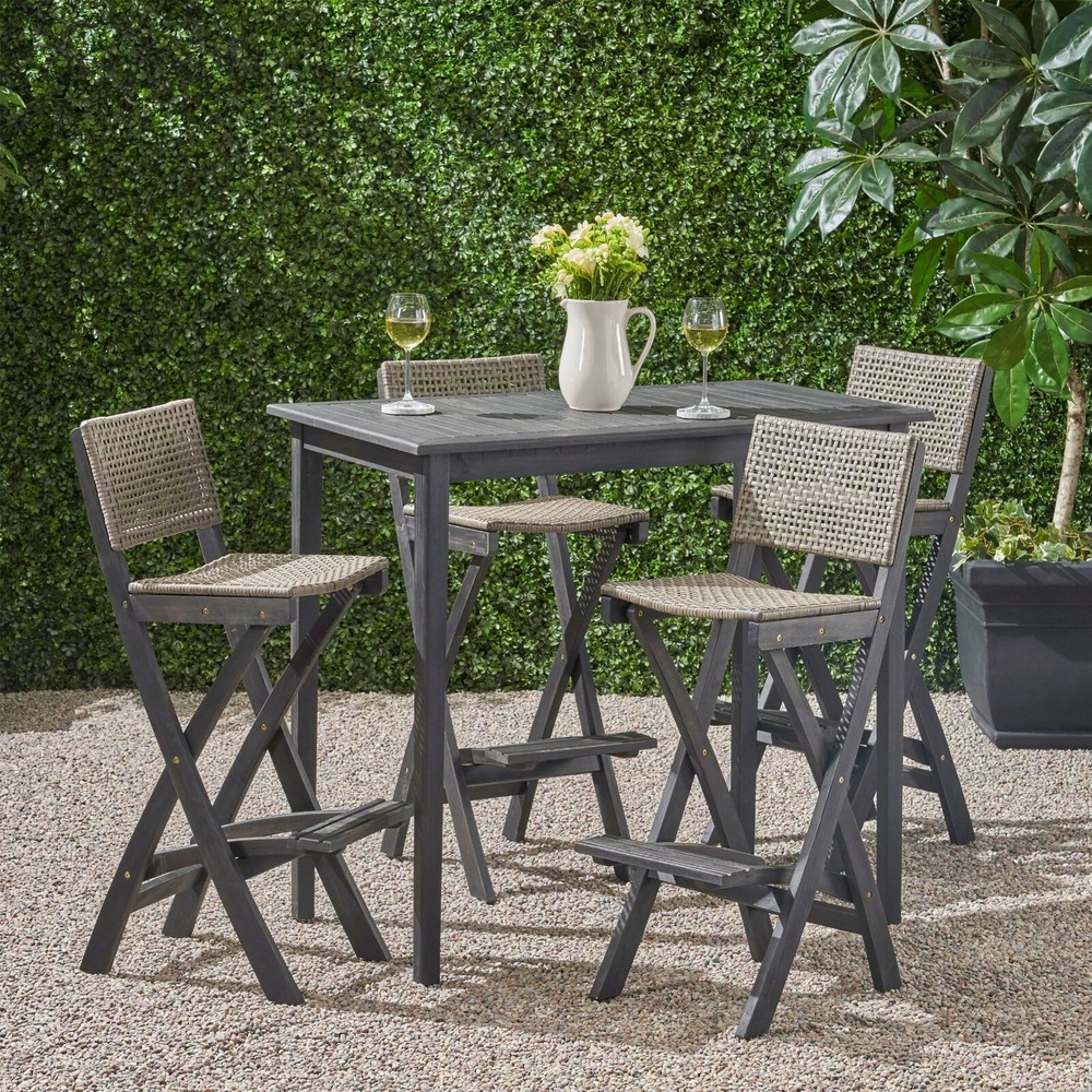 Elizabeth Outdoor 45" Rectangular 5 Piece Wood and Wicker Bar Height Set