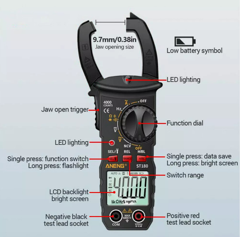 Digital Multimeter Tester AC DC Volt Amp Clamp Meter Auto Range LCD Handheld
