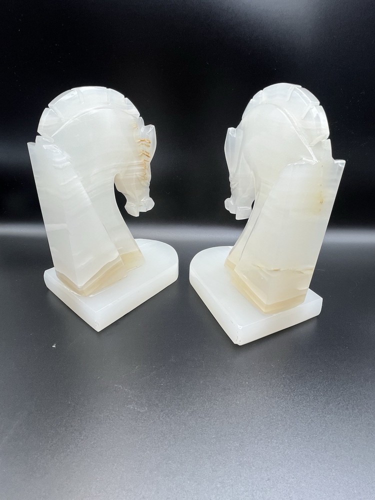 Marble Horse Head Book Ends Vintage Pair