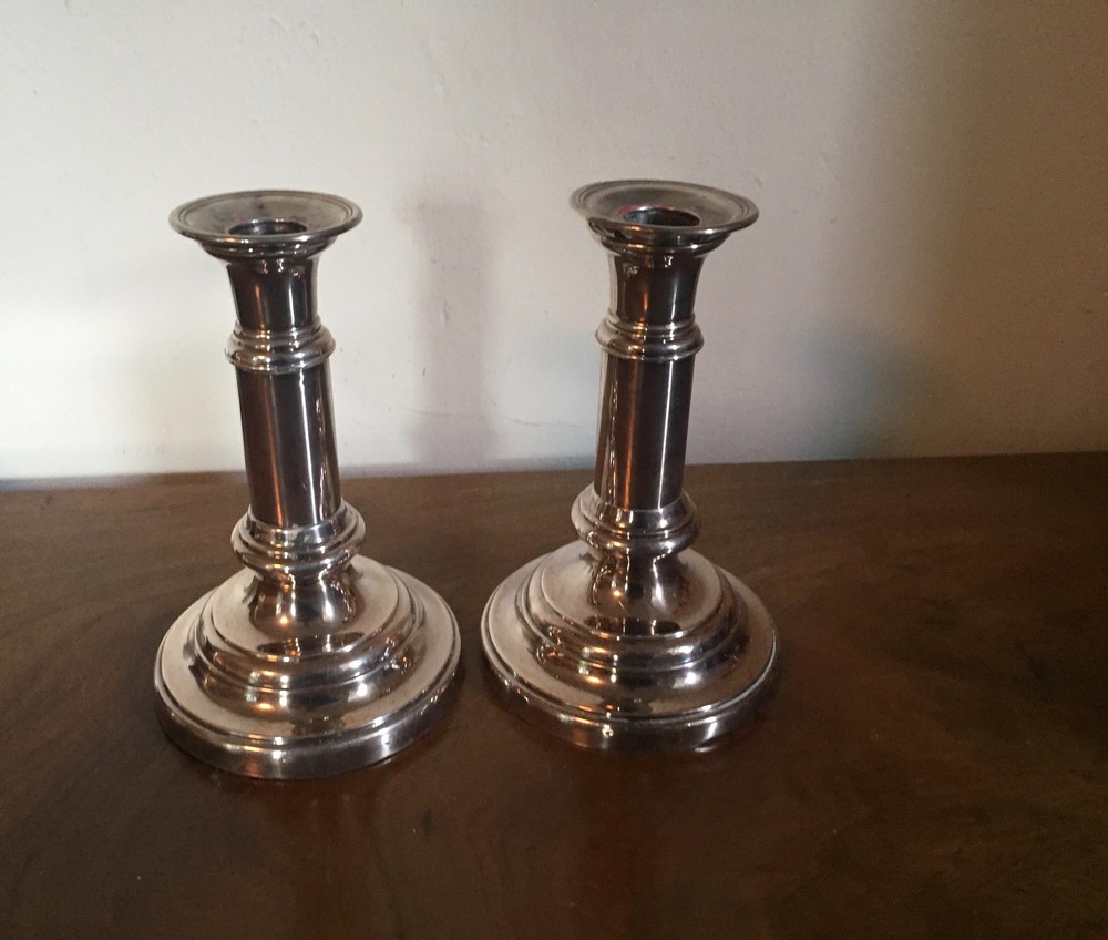 Pair 19th c. Old Sheffield Silver Plate on Copper Telescoping Candlesticks