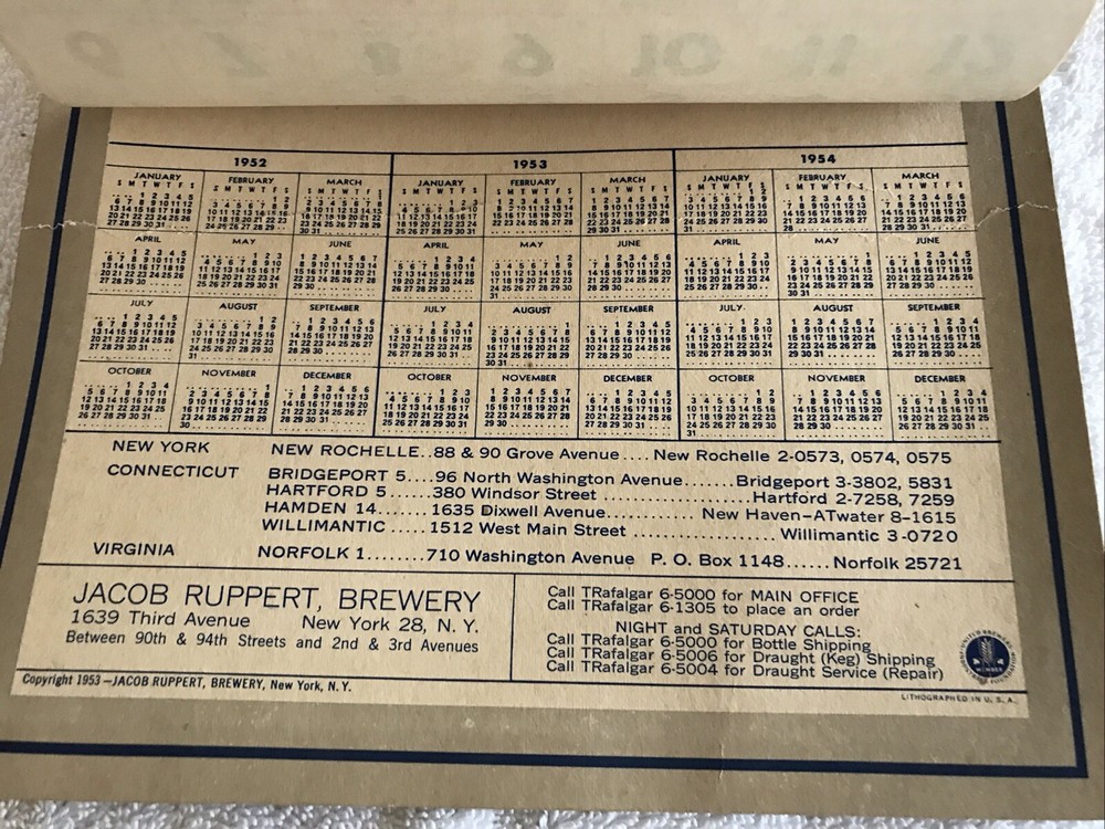 1953 KNICKERBOCKER BEER VINTAGE PARTIAL CALENDAR