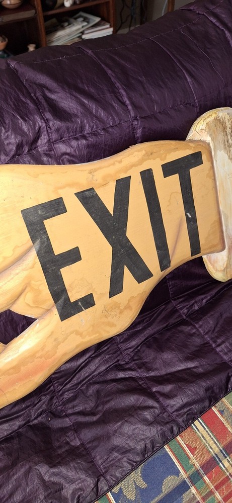 Rare Unique Wood Exit EXIT Finger Pointer SIGN Hand Wall Hanging Cool Estate 31"
