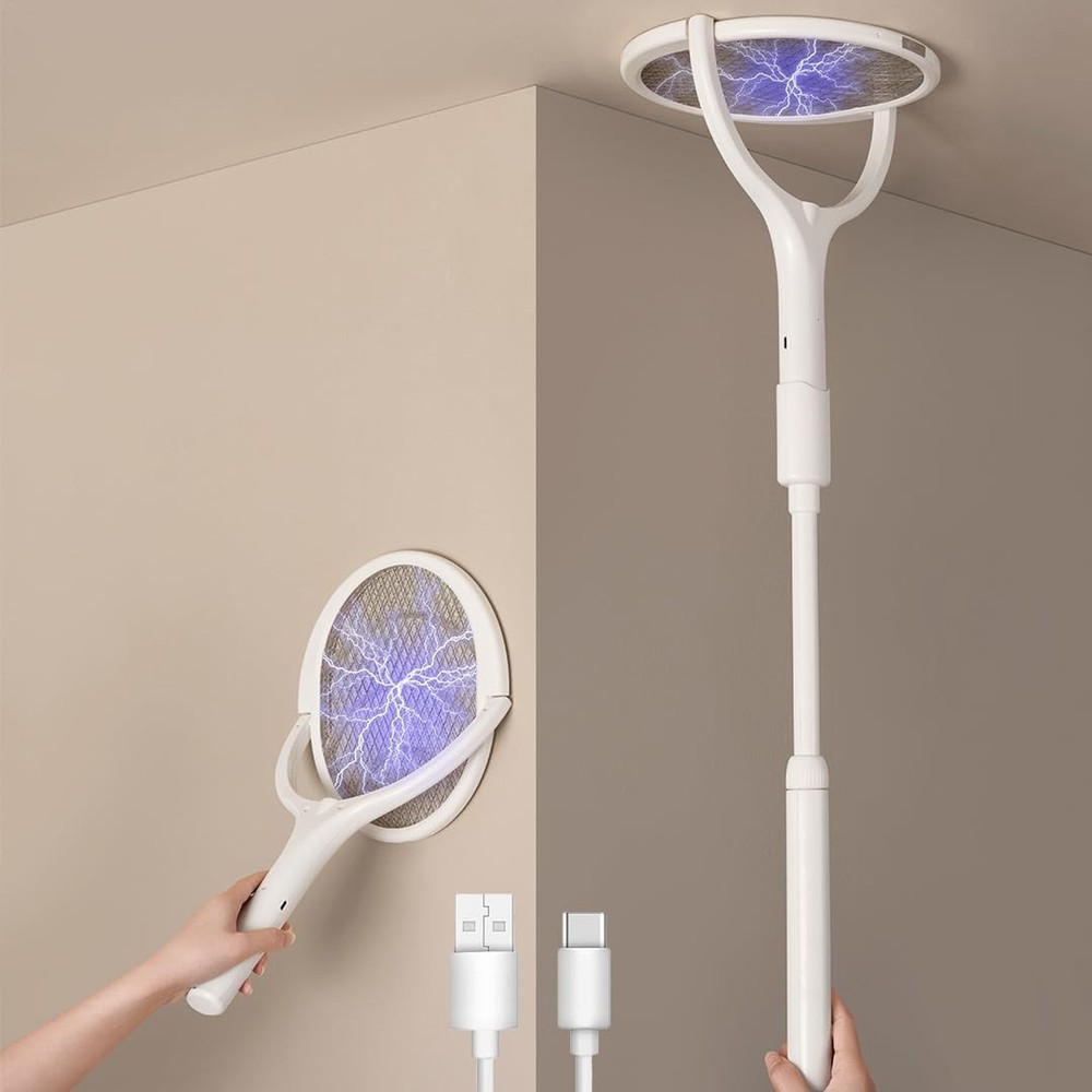 Rotating Head Electric Fly Swatter Racket Rechargeable Bug Zapper Racket Bug ...