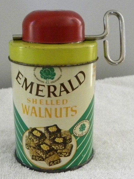 Vintage Emerald Shelled Walnuts Tin Can with Nut Chopper Top