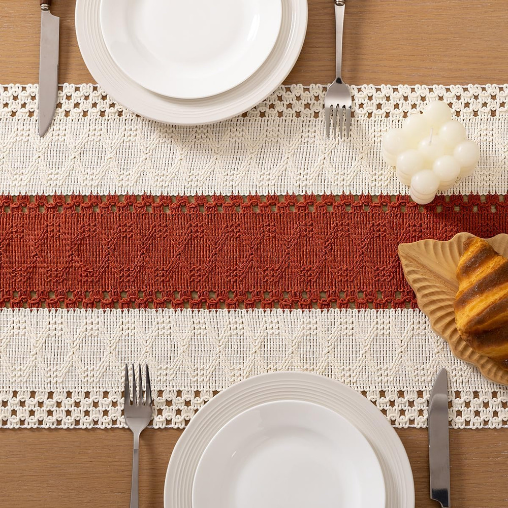 Boho Table Runner Macrame Fall Thanksgiving Farmhouse Woven Cotton Linen Rustic
