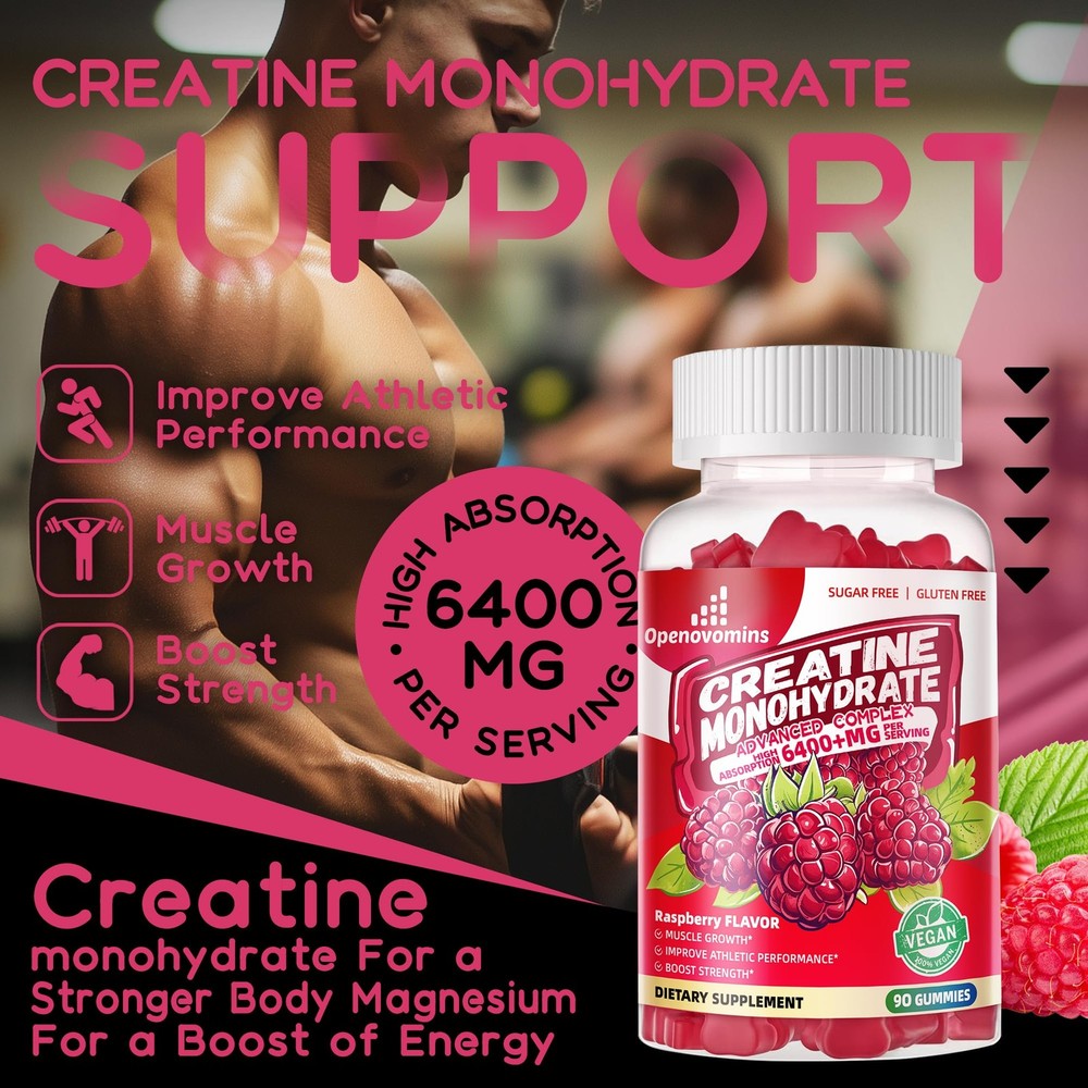 Creatine Monohydrate Gummies Complex 6400mg 90 Count (Pack of 1), Raspberry