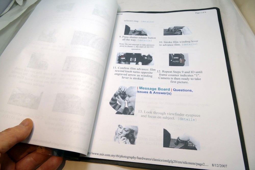 Camera guide instruction manual printed and bound folder for Nikon EM