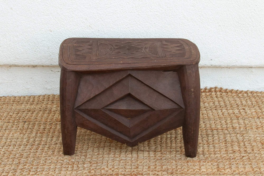 Diamond Base Carved African End Table