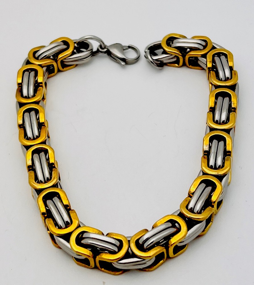 Vintage 1990s 2 Tone Chunky Interlocking Motorcycle Link Bracelet 9”