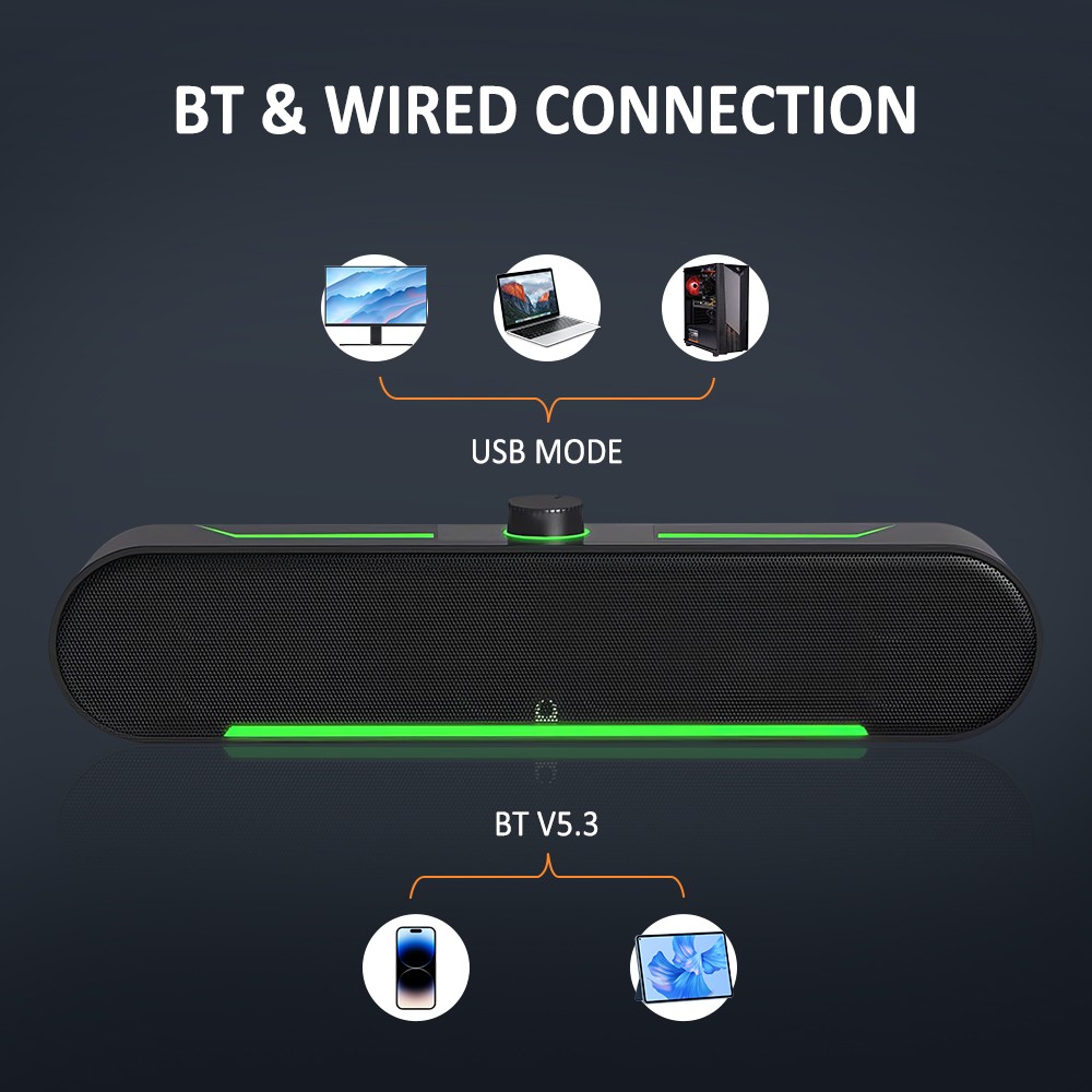 LED Computer Speaker Bluetooth Wired USB-Powered Sound bar for PC Desktop Laptop