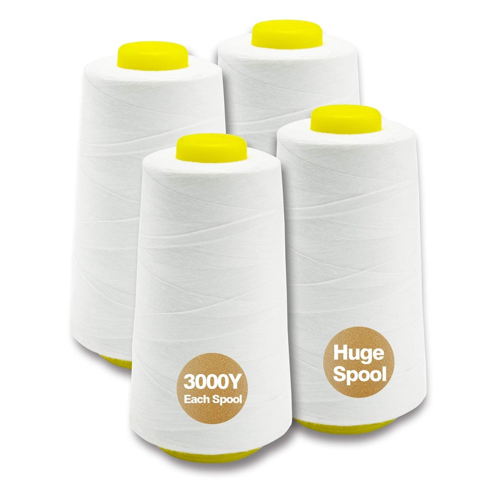 White Serger Thread All-Purpose Thread for Sewing Polyester 4 Cones of 3000 Y...