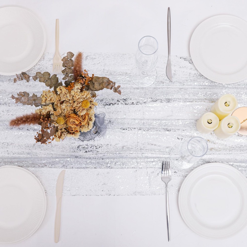 Silver Table Runner 6 PCS 10Ft Sheer Chiffon Cheesecloth Sequin Glitter Wedding