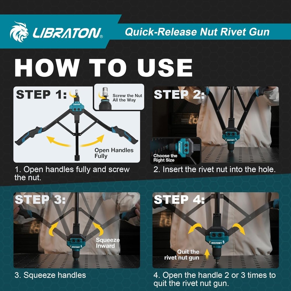 Rivet Nut Tool 16" Rivnut Tool Kit Hand Rivnut Gun 7PCS Auto Release Design