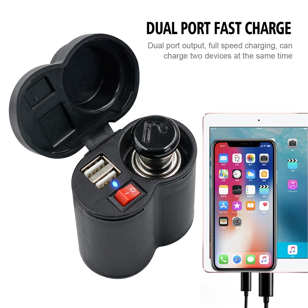 Motorcycle Cigarette Lighter Socket USB Quick Charger Voltmeter Digital Clock