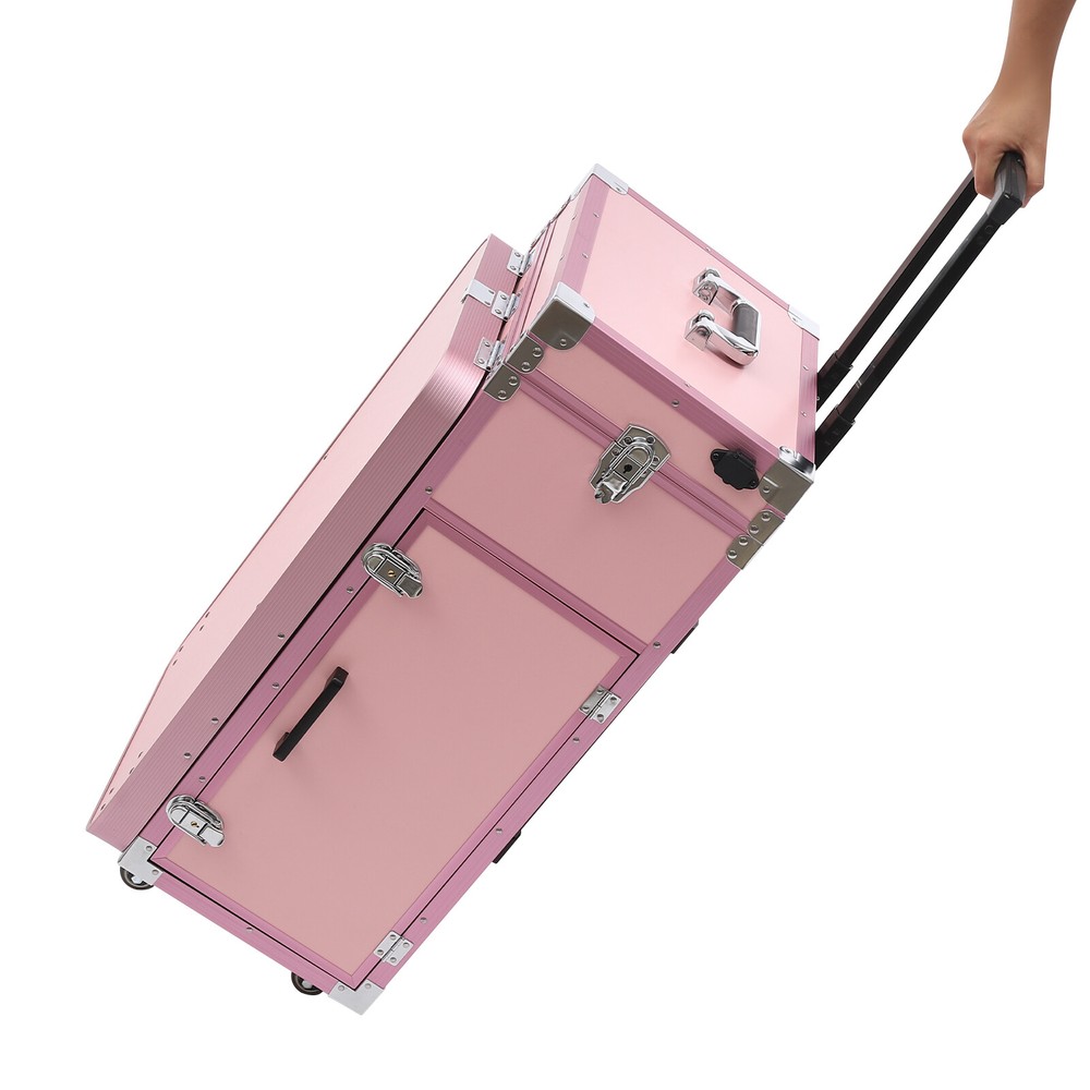 Nail Desk Mobile Station Rolling Makeup Train Case Manicure Table Pink Modern