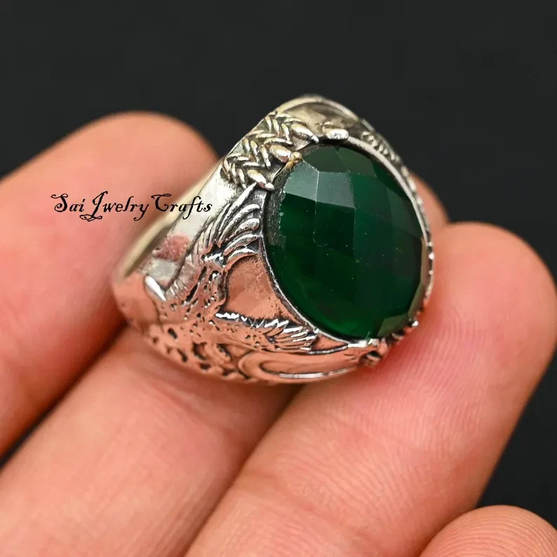 Solid 925 Sterling Silver Green Emarld Ring Handmade Popular Gift Men's Ring B62
