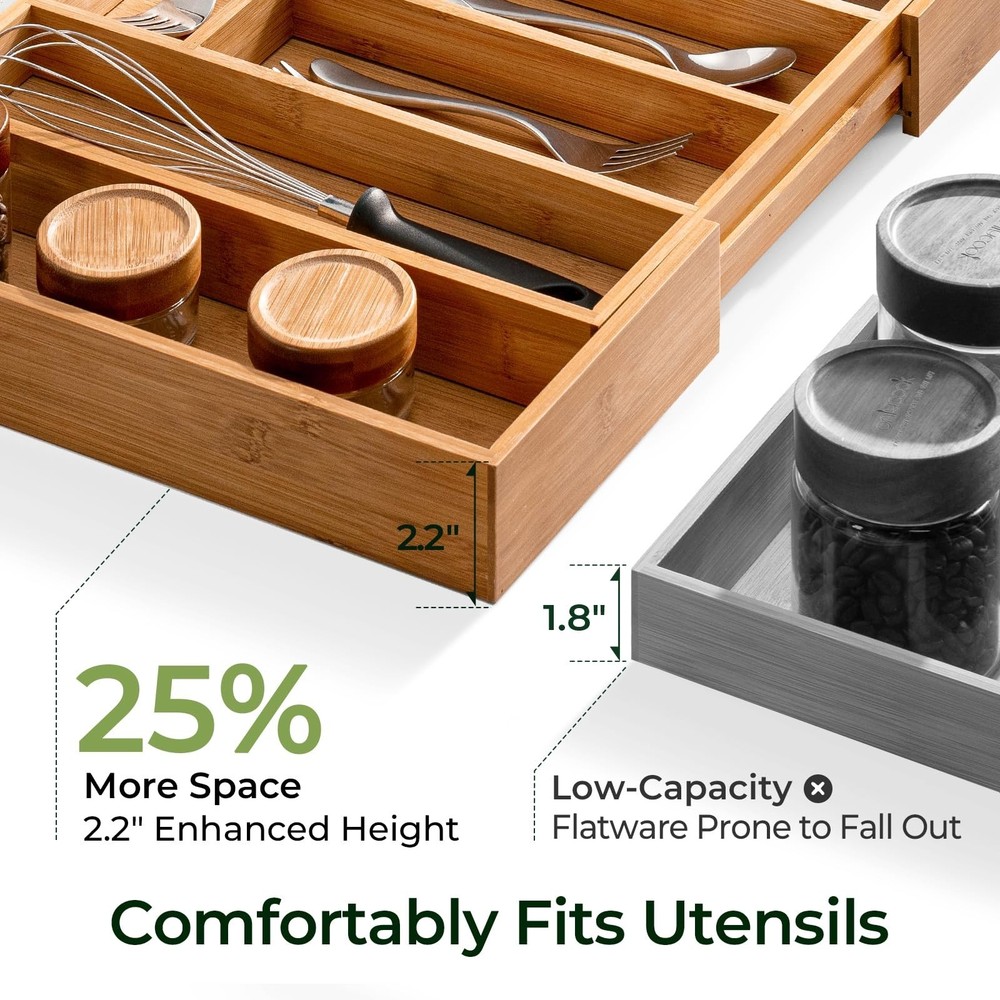 Carbonized Bamboo Kitchen Drawer Organizer, 10 Slots Expandable Silverware Or...