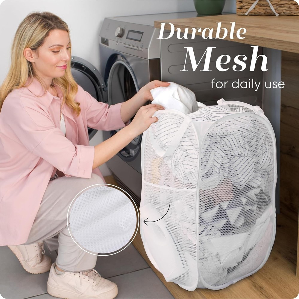 Collapsible Mesh Pop-Up Laundry, Hamper Wide Opening, Side Pocket, White...