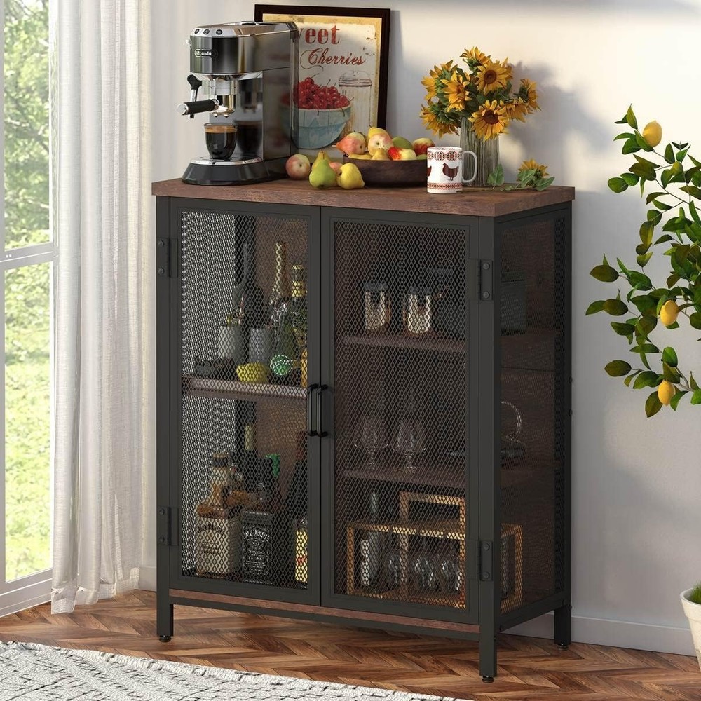Rustic Oak Coffee Bar Cabinet with Adjustable Shelves and Hidden Storage Space