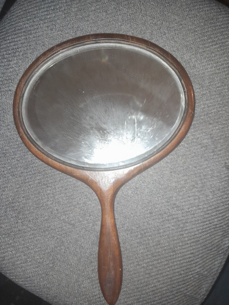 Vintage Hand Held Wooden Beveled Mirror