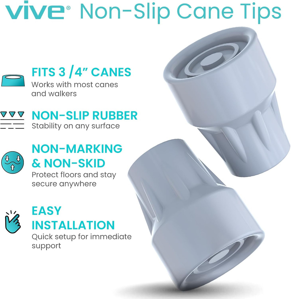 Walking Cane Tips 2 Pack (3/4 Inch) - Non-Slip Universal Rubber Replacement Tips