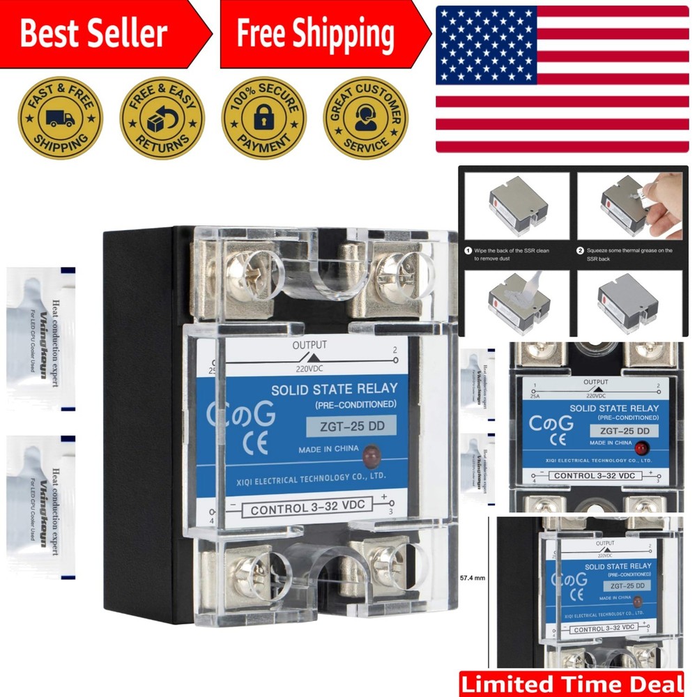 Durable Solid State Relay SSR-25DD, 25A, Panel Mount with Thermal Grease