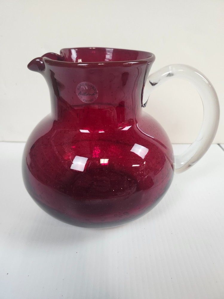 Artland Iris Ruby Red Hand Blown 80 oz Pitcher – 7.25" Tall, Seeded Bubbles