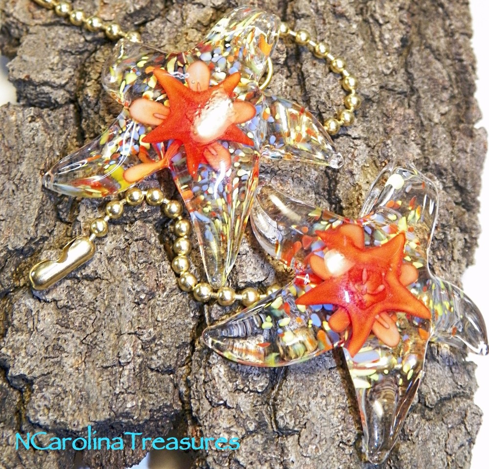 STAR STARFISH RED STARBURST ART GLASS CEILING FAN LIGHT SWITCH PULL LARGE PAIR