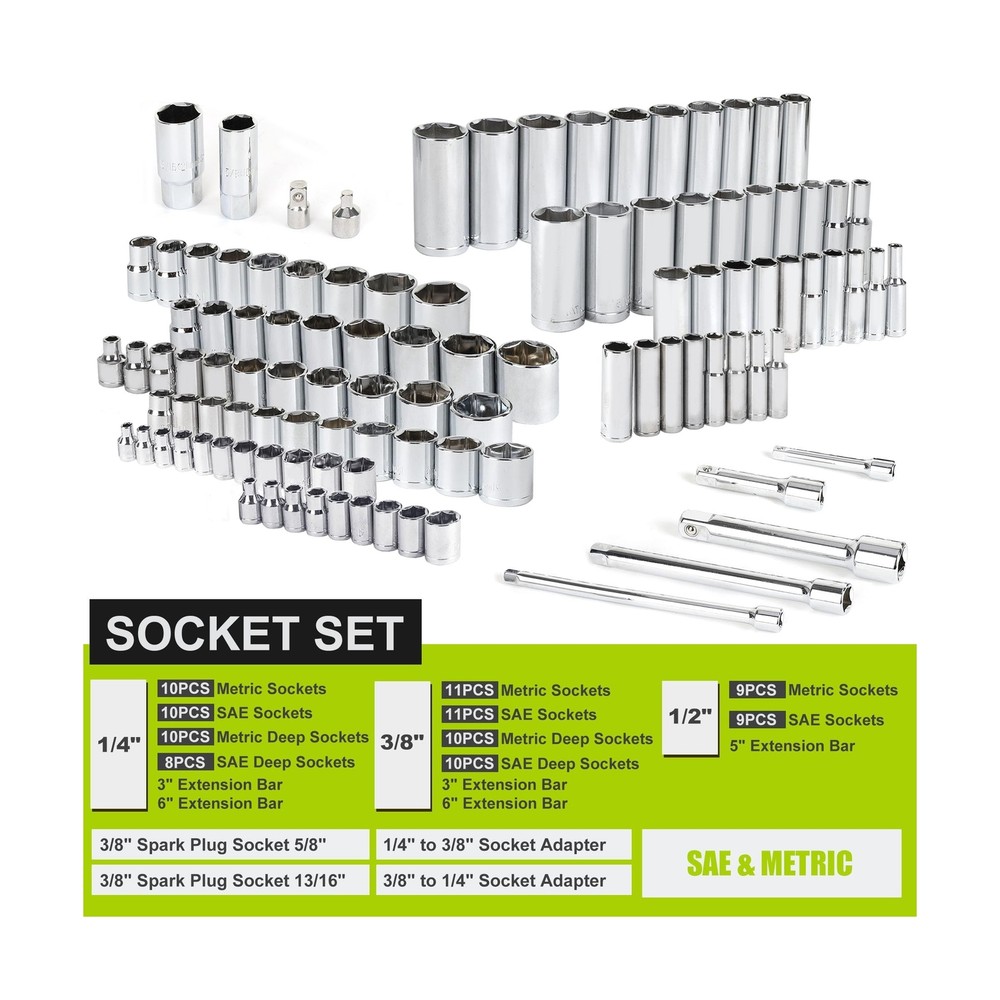 FASTPRO 249-Piece Mechanics Tool Set, SAE & Metric Socket Set, Include 1/2", ...