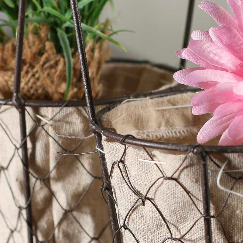 9-1/2" Rustic Brown Chicken Wire and Linen Basket