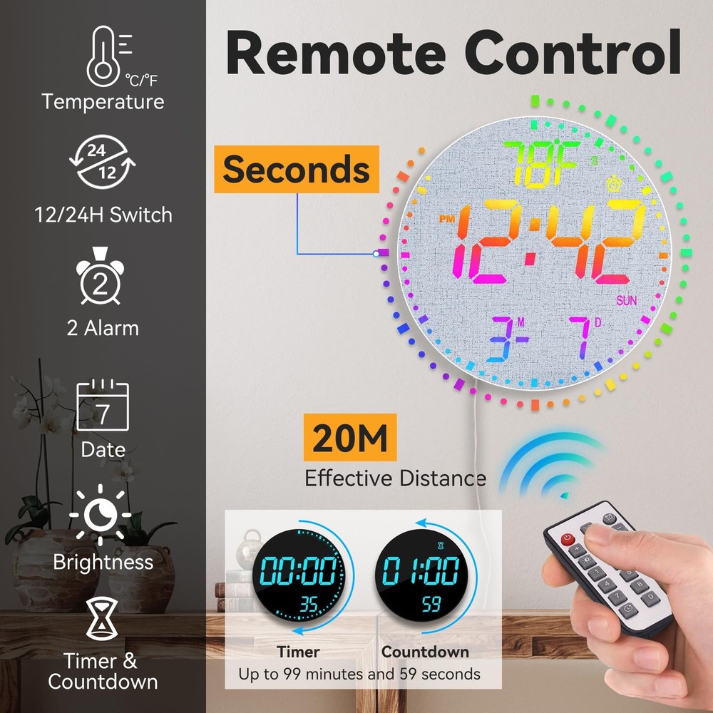 Kasbin 12 Inch Large Digital Wall Clock with Remote Control,RGB Color,Timer D...