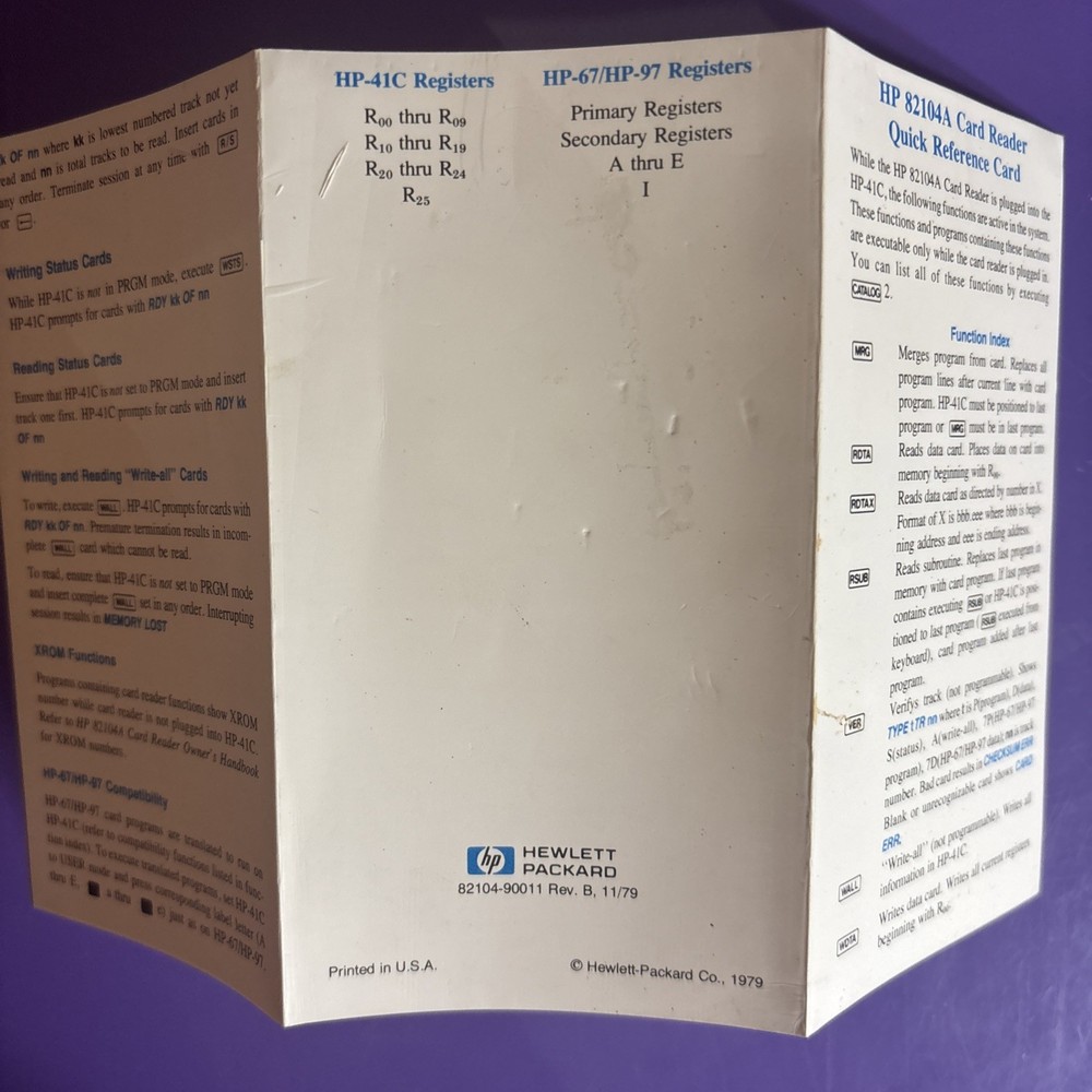 Hewlett-Packard 82104A card reader owners handbook and quick reference card.