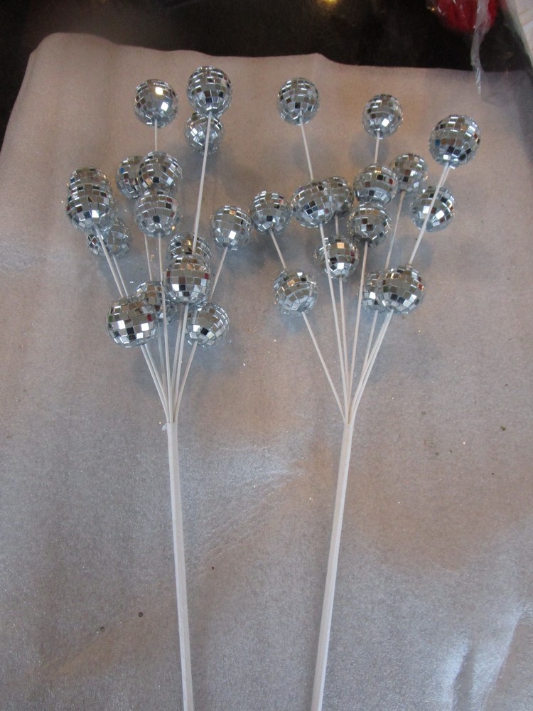 2 Disco Ball  silver Christmas tree  stems New
