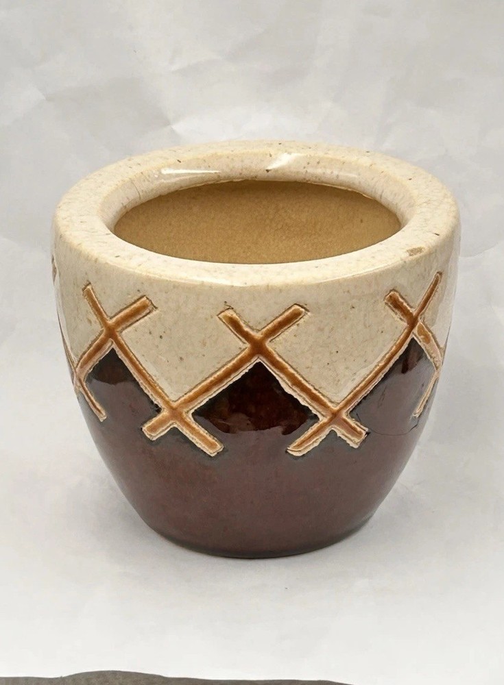 Modernist Studio Art Pottery Sgraffito Teepee Design Planter, Signed/Marked
