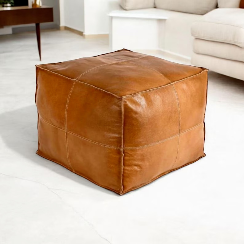 Leather Genuine New Handstich Boho Moroccan Pouffe Brown Unstuffed
