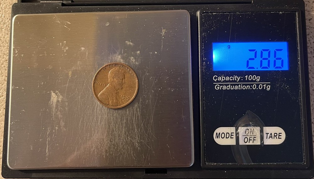 1919 Lincoln Wheat Cent Underweight 2.86 Grams Solid Strike Planchette Error