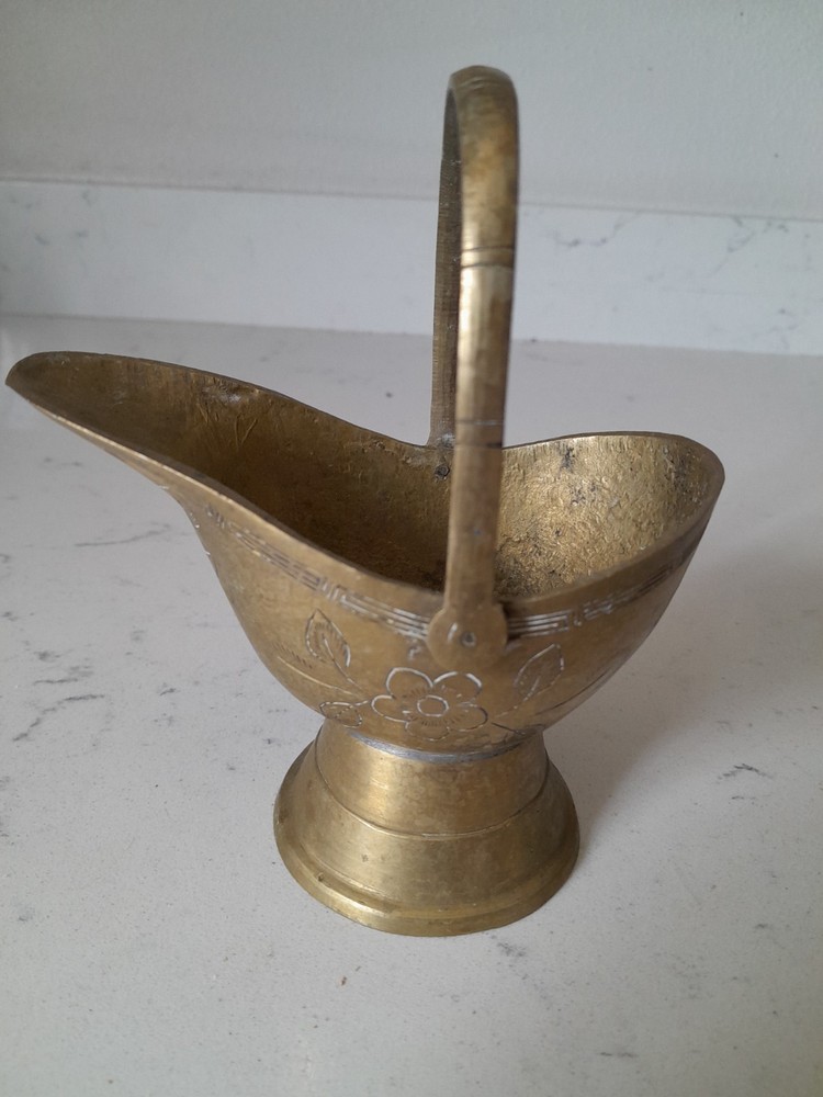 Vintage Solid Brass 5" Mini Coal Scuttle Incense Burner Match Holder W/Handle