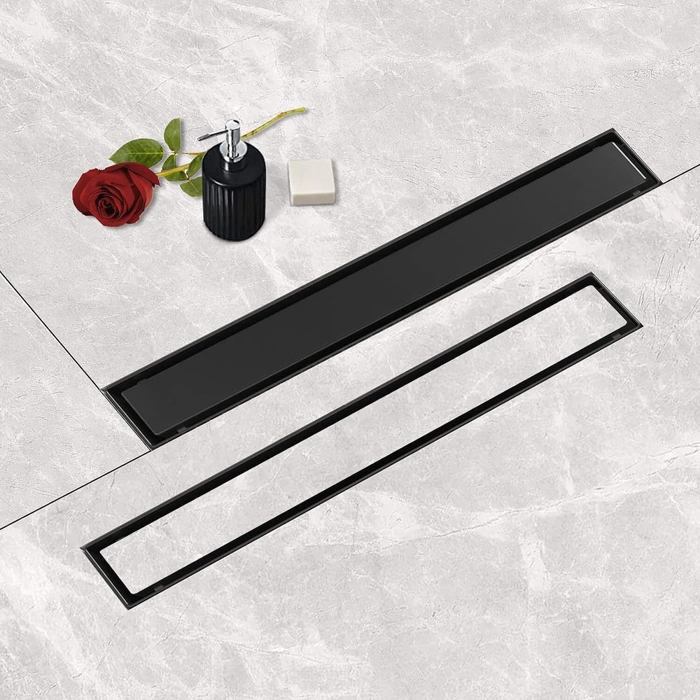 16"/24" Matte Black Linear Shower Drain 2-in-1 Trench Floor Drain Tile Insert