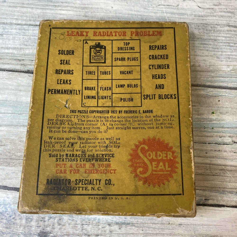 Leaky Radiator Problem moving block puzzle 1927 Frederic E. Aaron Solder Seal