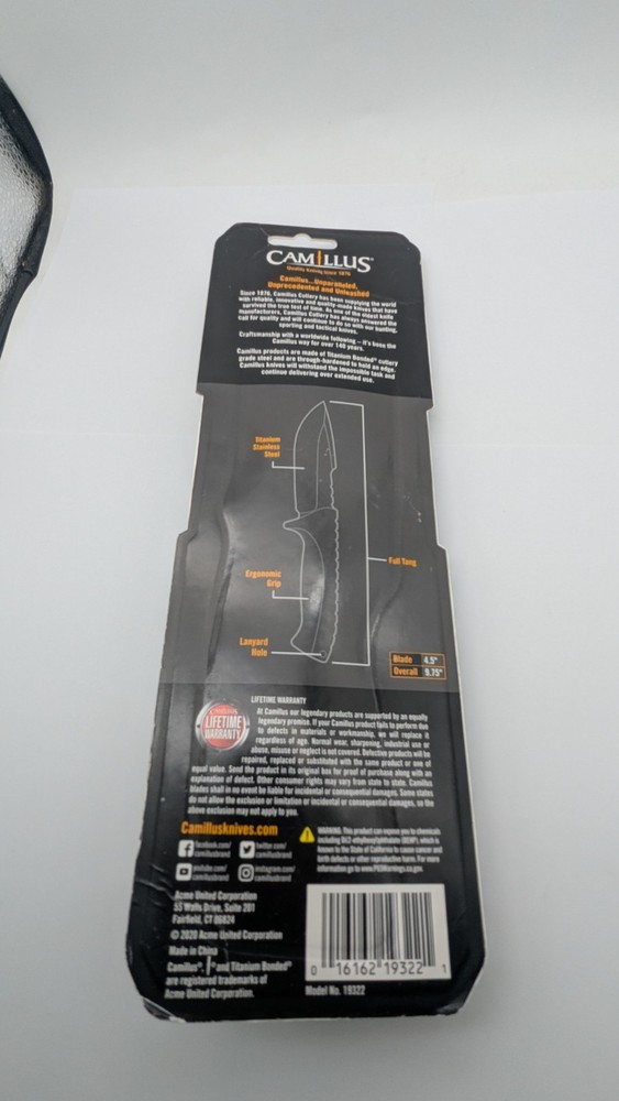 CAMILLUS 9.75" FULL TANG TITANIUM BONDED FIXED BLADE KNIFE With SHEATH