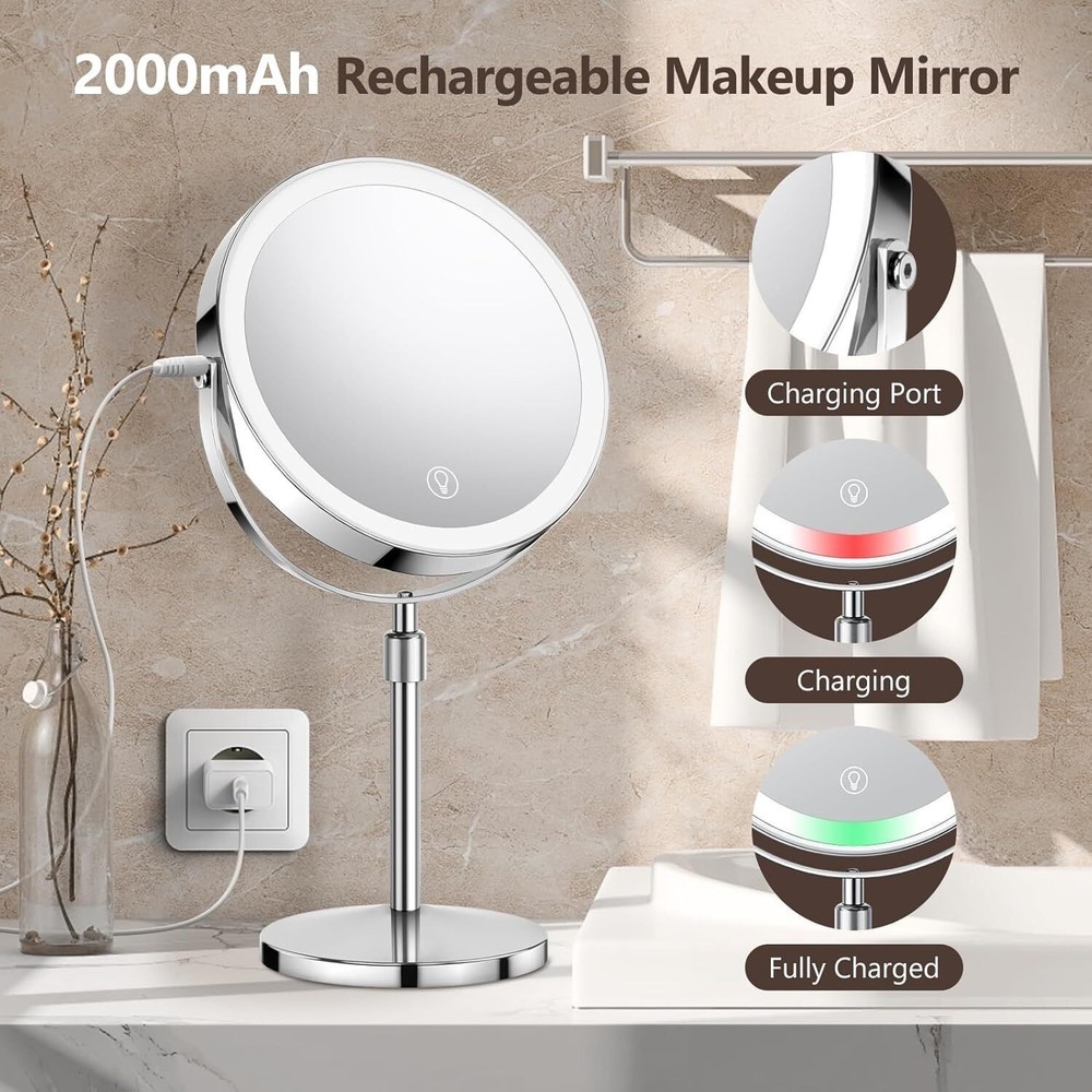 Lighted Makeup Mirror Rechargeable Height Adjustable Double Sided 1x/10x