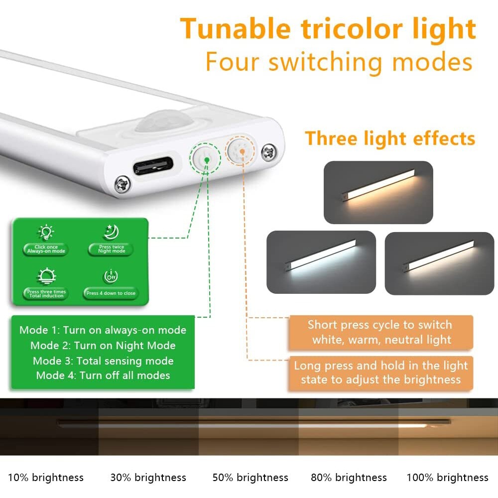 3 Pack LED Under Cabinet Lights Rechargeable Motion Sensor 3 Color Dimmable Lamp