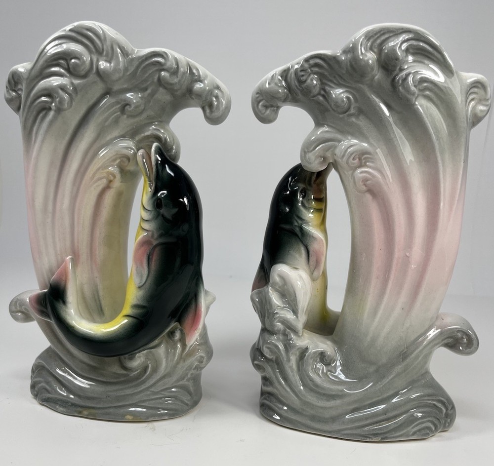 Pair Vintage Lefton Ceramic Vases Dolphins In A Wave