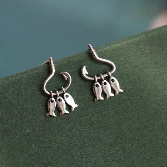 fish and hook earrings 925 sterling silver