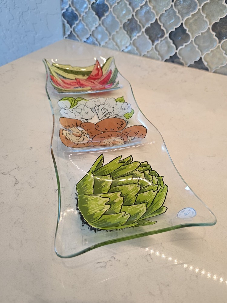 MCM Signed Elaine For Dorothy Thorpe Glass Serving Dish Tray PAINTED VEGETABLES